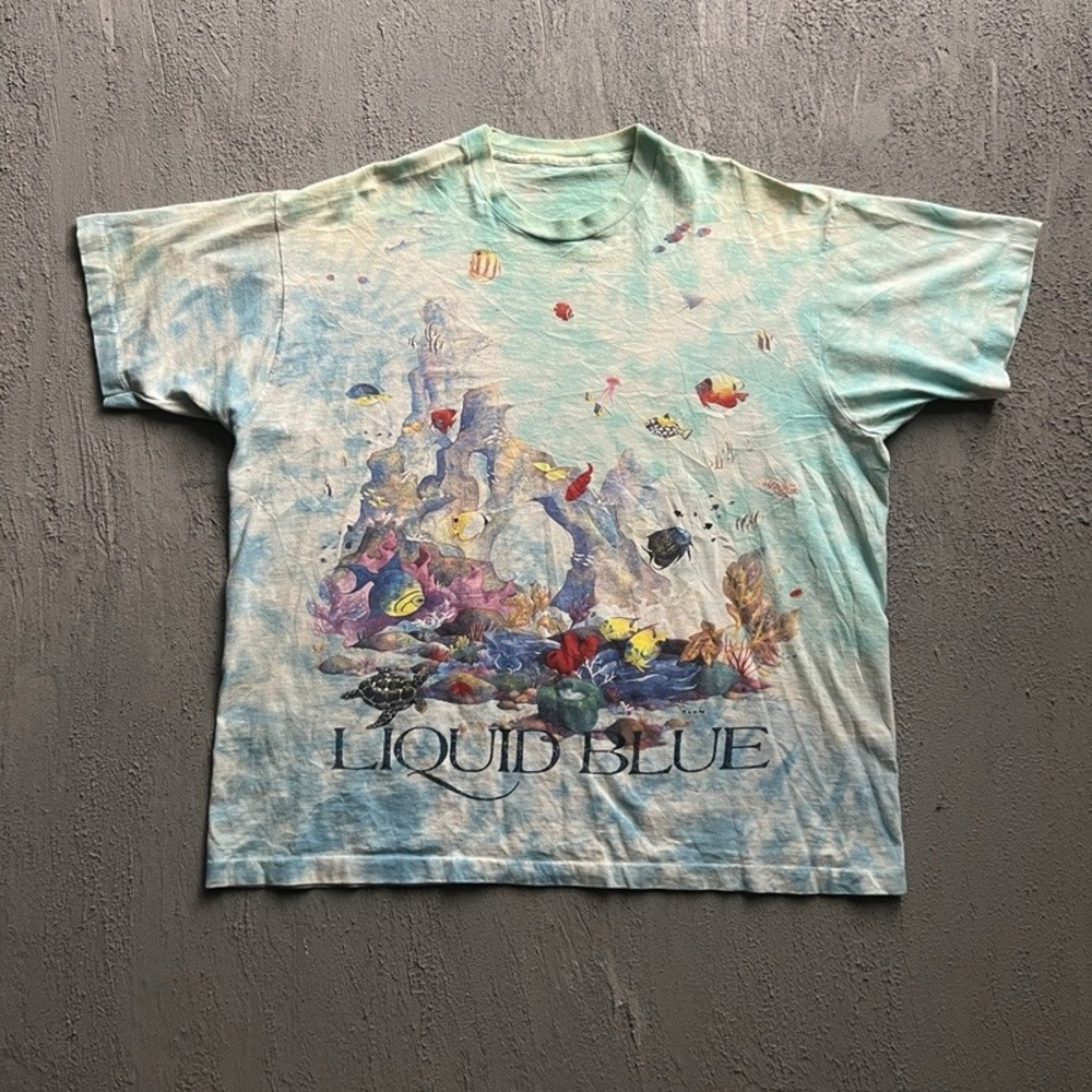 Vintage Liquid Blue Shirt XL Blue 1990s Ocean Fish‎ Nature USA